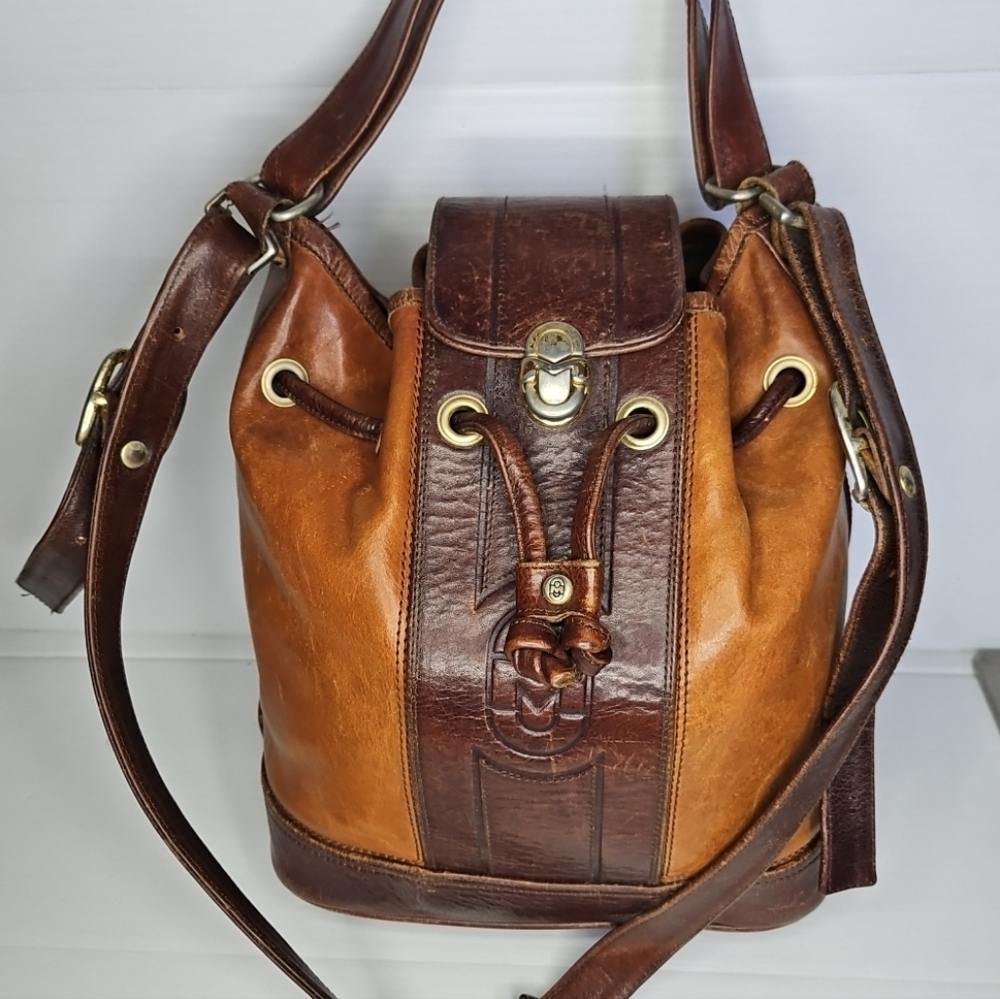 Vintage Marino Orlandi Large Leather Drawstring Bucket Tote Bag Authentic Design - Picture 6 of 14